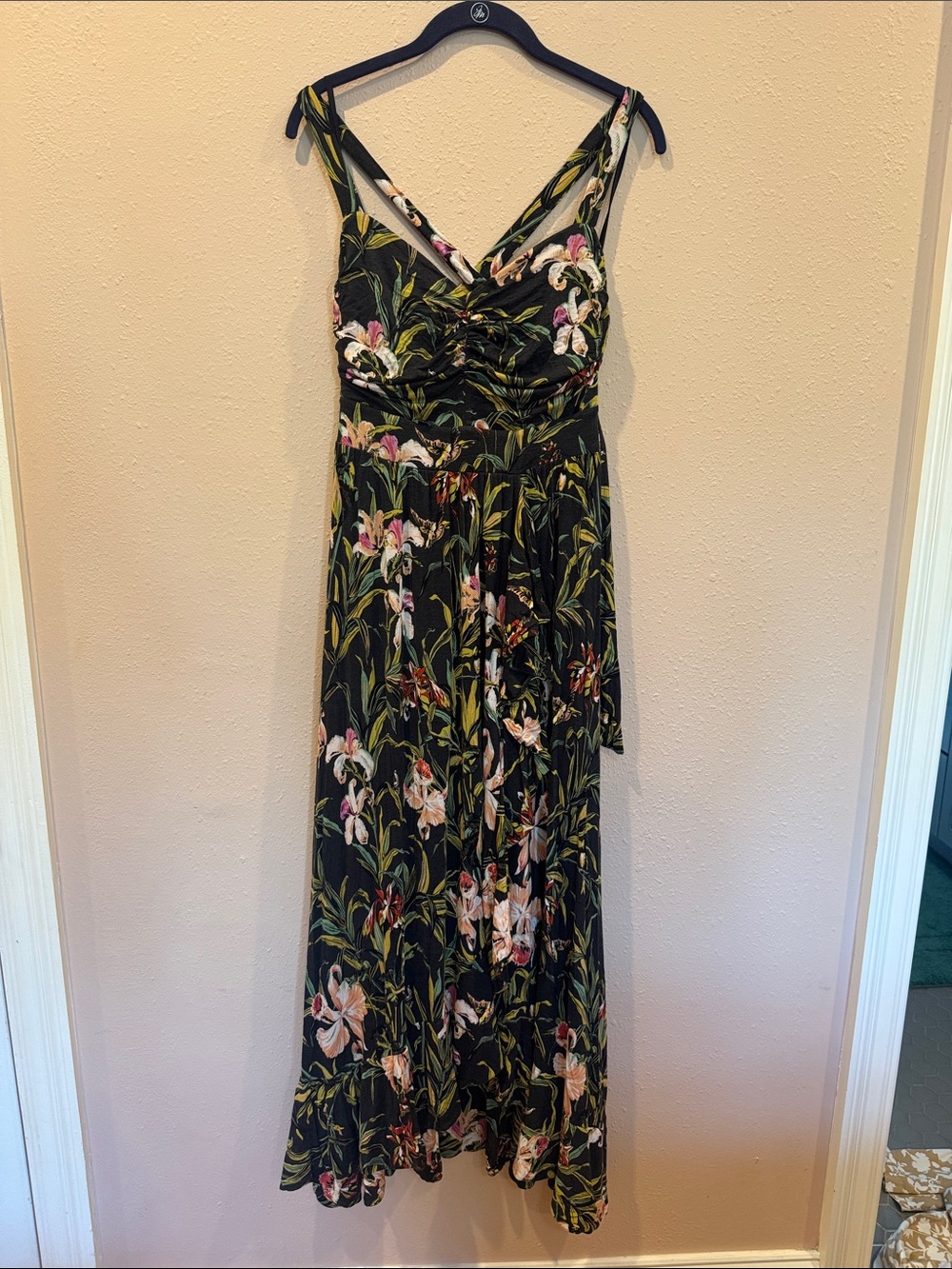 Black Floral Maxi Dress with Green and Pink Botanical Print
